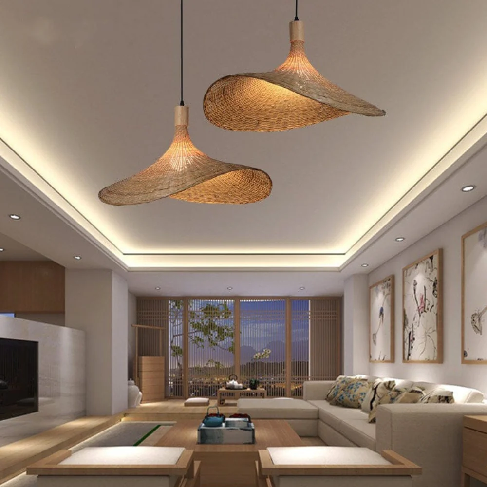 Woven Bamboo Sun Hat Pendant Light - Coastal Boho Decor - Image 21
